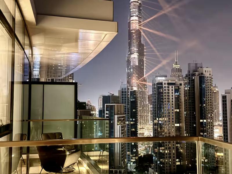 Balcony facing the Burj Khalifa during the evening light show