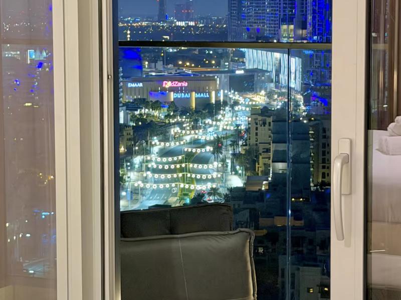 View towards Dubai Mall and the boulevard lights at night
